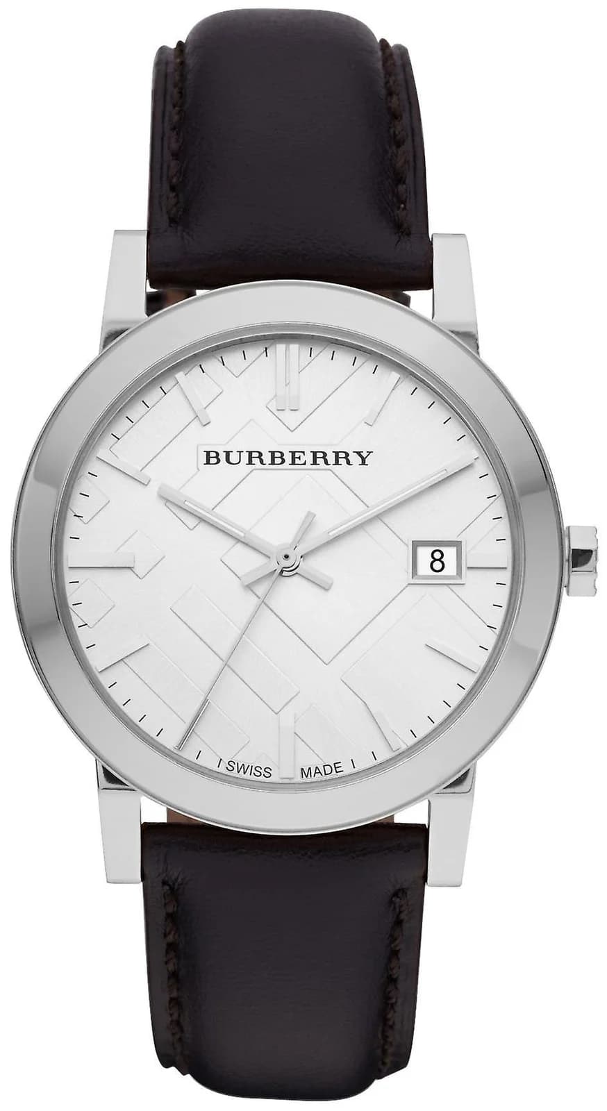 Burberry BU9008 montre homme, cadran argent, bracelet cuir noir, motif check