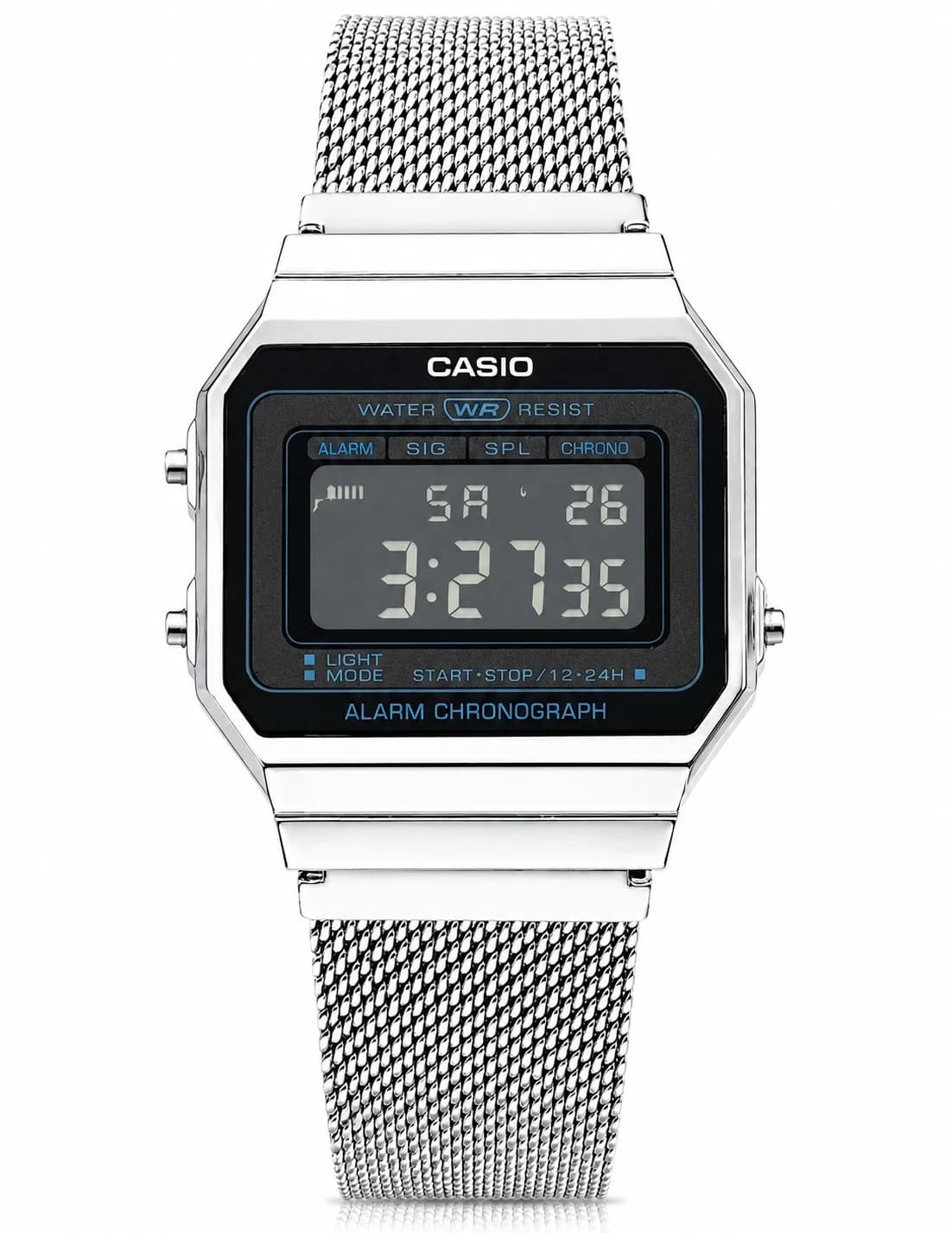 Casio A700WEM-1A montre unisexe, avec cadran noir et bracelet maille milanaise