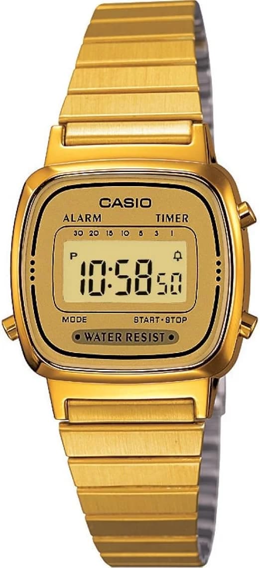 Casio LA670WEGA-9EF vue de côté, bracelet acier