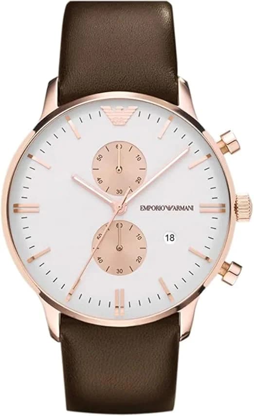 Emporio Armani AR0398 montre homme, cadran blanc, bracelet cuir noir, boîtier acier