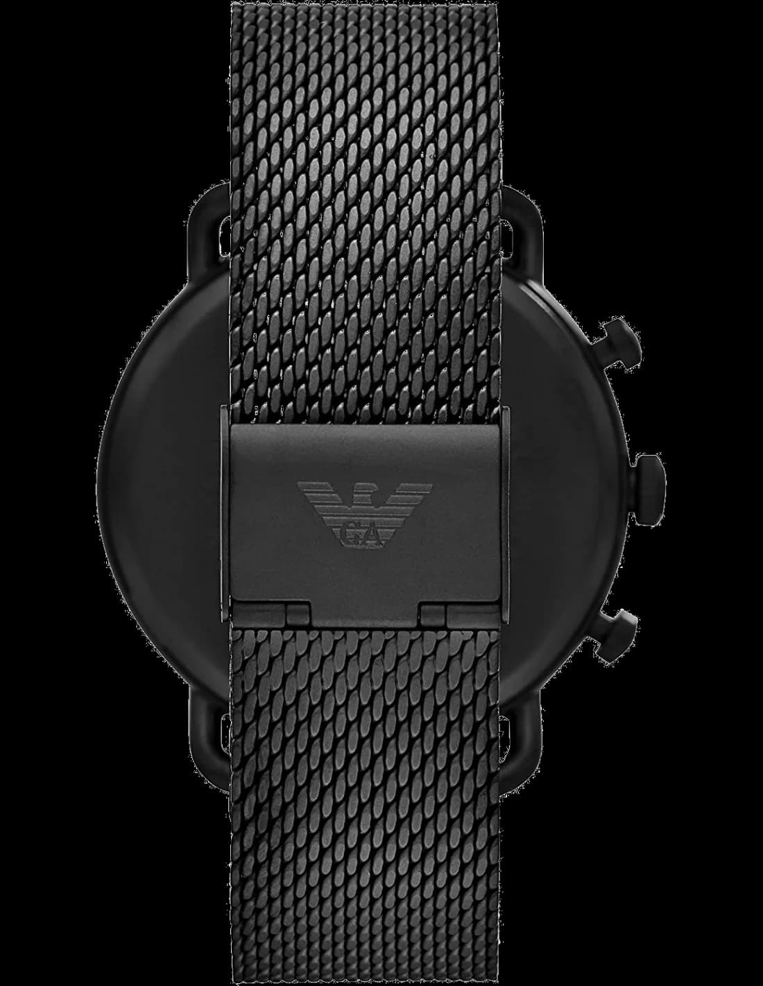 Gros plan sur le cadran noir de la Emporio Armani AR11264