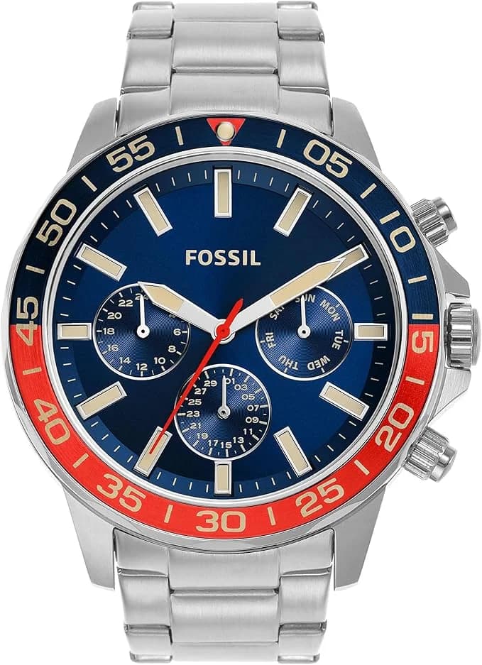 Fossil Bannon BQ2771, montre homme cadran bleu, boîtier 45mm acier
