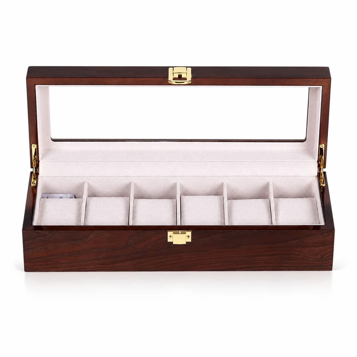 Boîte à montres Gandi 6 compartiments bois marron laqué avec vitrine