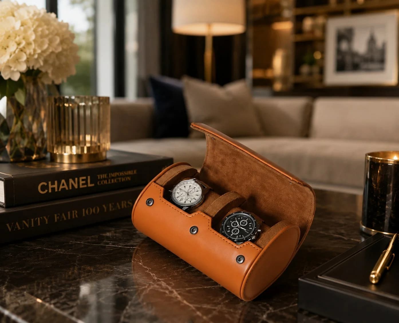 Étui Compact Voyage Verona 2 Montres Cuir Végétalien Marron Clair vue 3