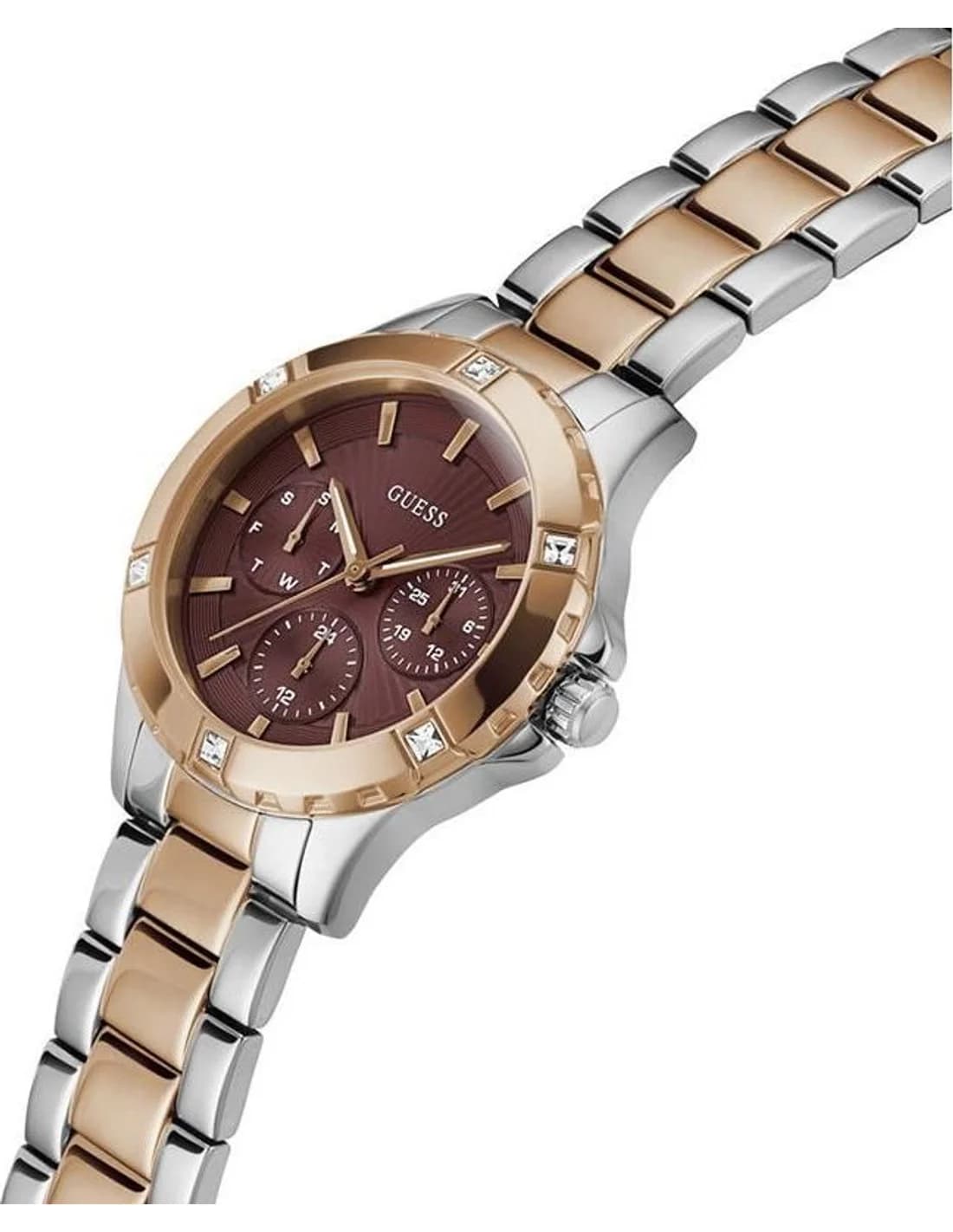 Gros plan sur le cadran bordeaux de la Guess GW0723L2