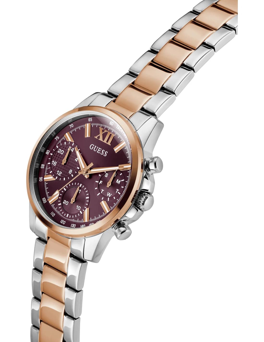 Gros plan sur le cadran bordeaux de la Guess GW0933L5
