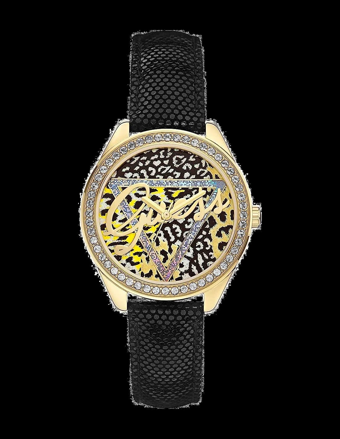 Guess W0456L4 Black Leather Leopard Print and Gold Case Women's Watch vue 2