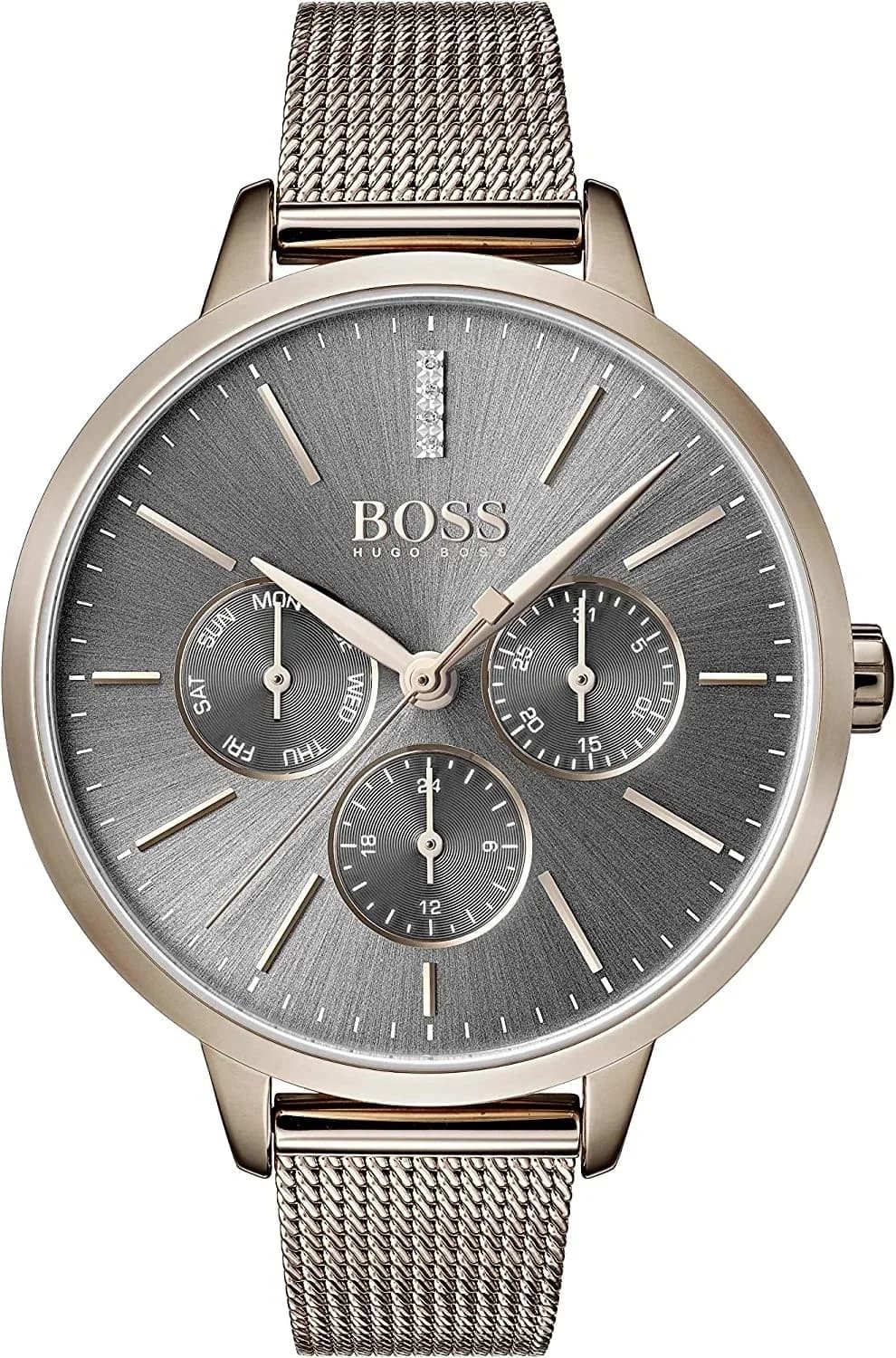 Hugo Boss 1502424 montre femme, cadran noir bracelet acier plaqué or rose