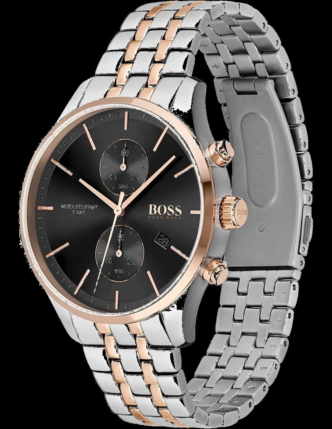 Gros plan sur le cadran noir de la Hugo Boss 1513840