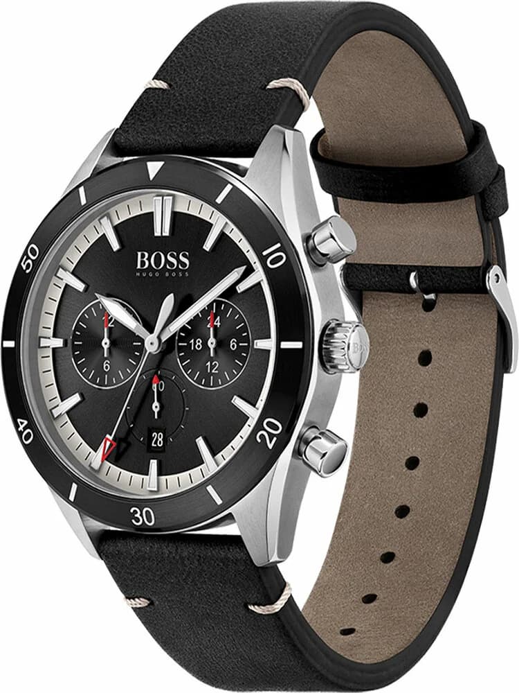 Gros plan sur le cadran noir de la Hugo Boss 1513864