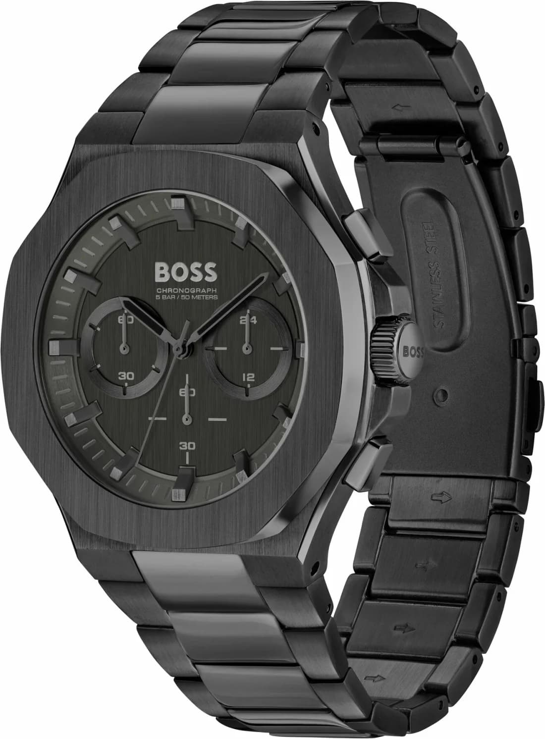 Gros plan sur le cadran noir de la Hugo Boss 1514088