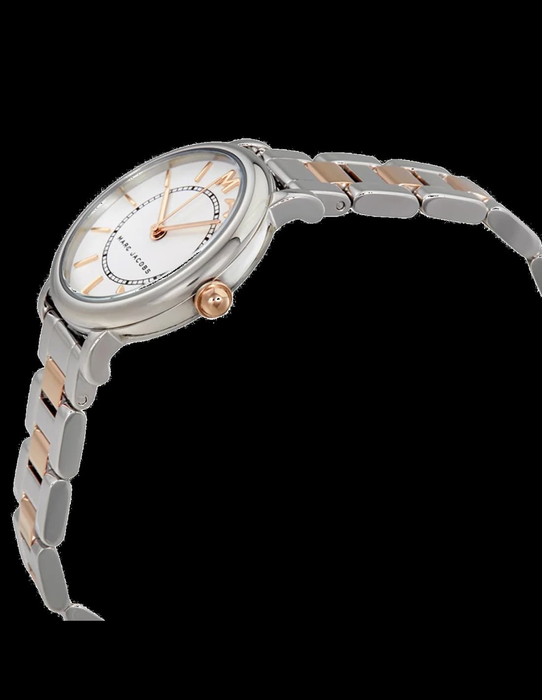 Gros plan sur le cadran blanc de la Marc Jacobs MJ3553