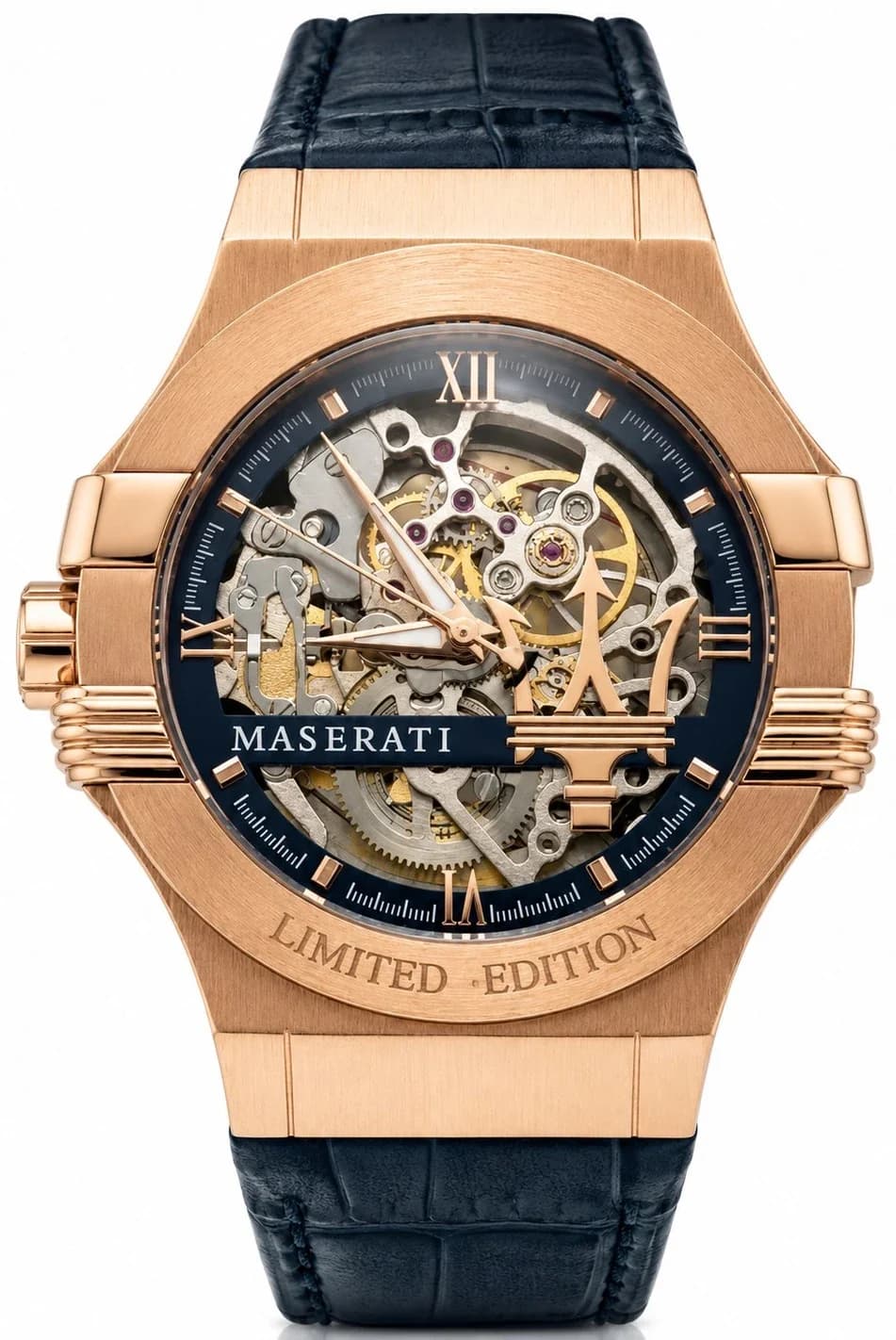 Maserati R8821108022 montre homme, squelette, index or rose, bracelet cuir bleu