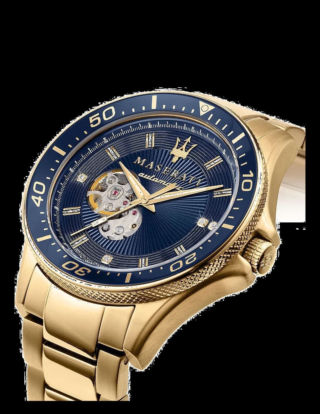 Gros plan sur le cadran bleu de la Maserati R8823140004