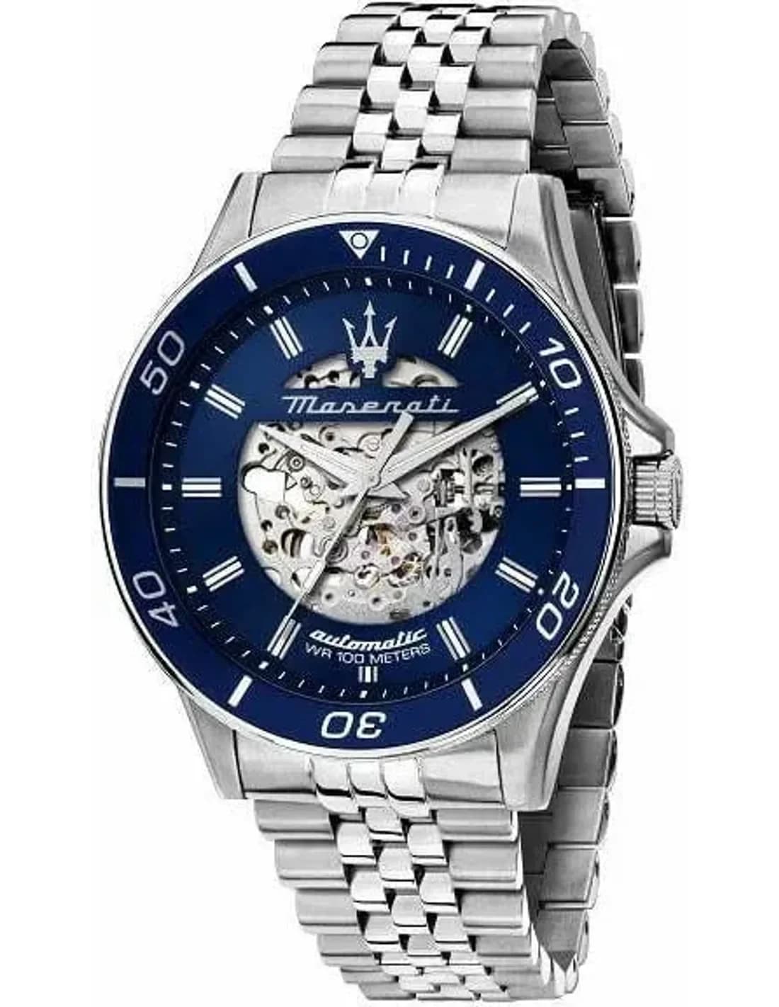 Maserati R8823140011 montre homme, cadran bleu squelette, bracelet acier argenté