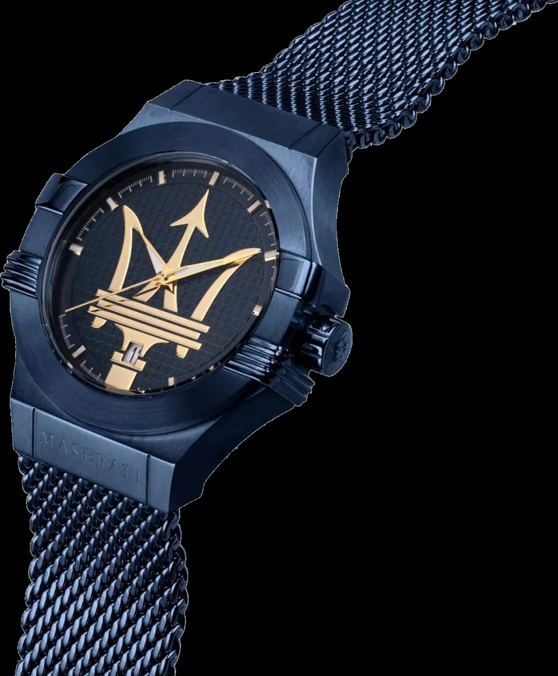 Gros plan sur le cadran bleu de la Maserati R8853108008