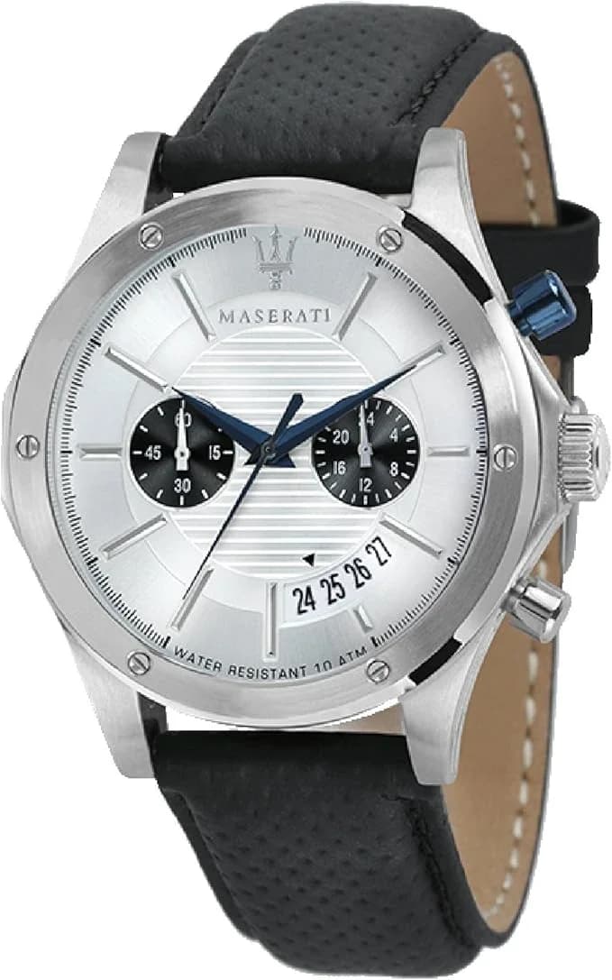 Maserati R8871627005 montre homme, au cadran argenté et bracelet cuir noir