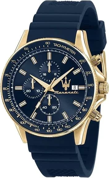Maserati R8871640004 montre homme, dorée cadran bleu bracelet silicone