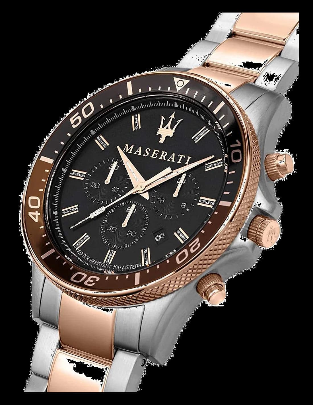 Gros plan sur le cadran noir de la Maserati R8873640009