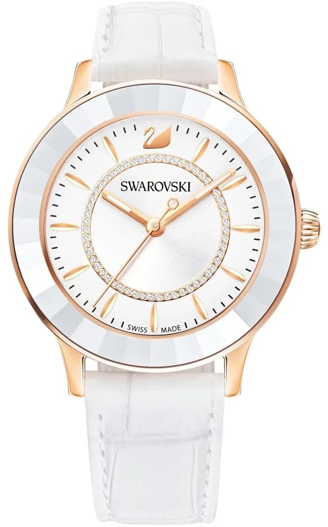 Swarovski 5414416 montre femme, cadran blanc sur bracelet cuir blanc