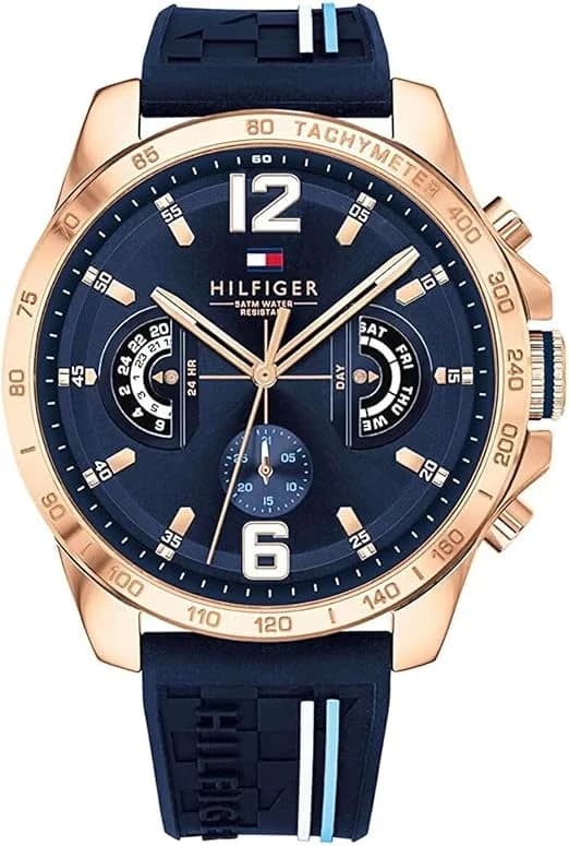 Tommy Hilfiger 1791474 montre homme, boîtier or rose, cadran bleu et bracelet silicone