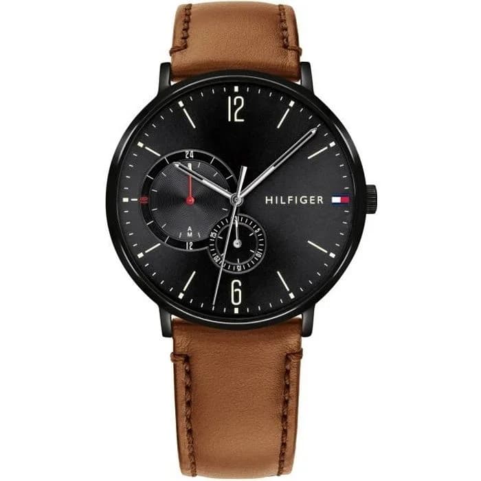 Tommy Hilfiger 1791510 montre homme, cadran noir avec bracelet en cuir marron
