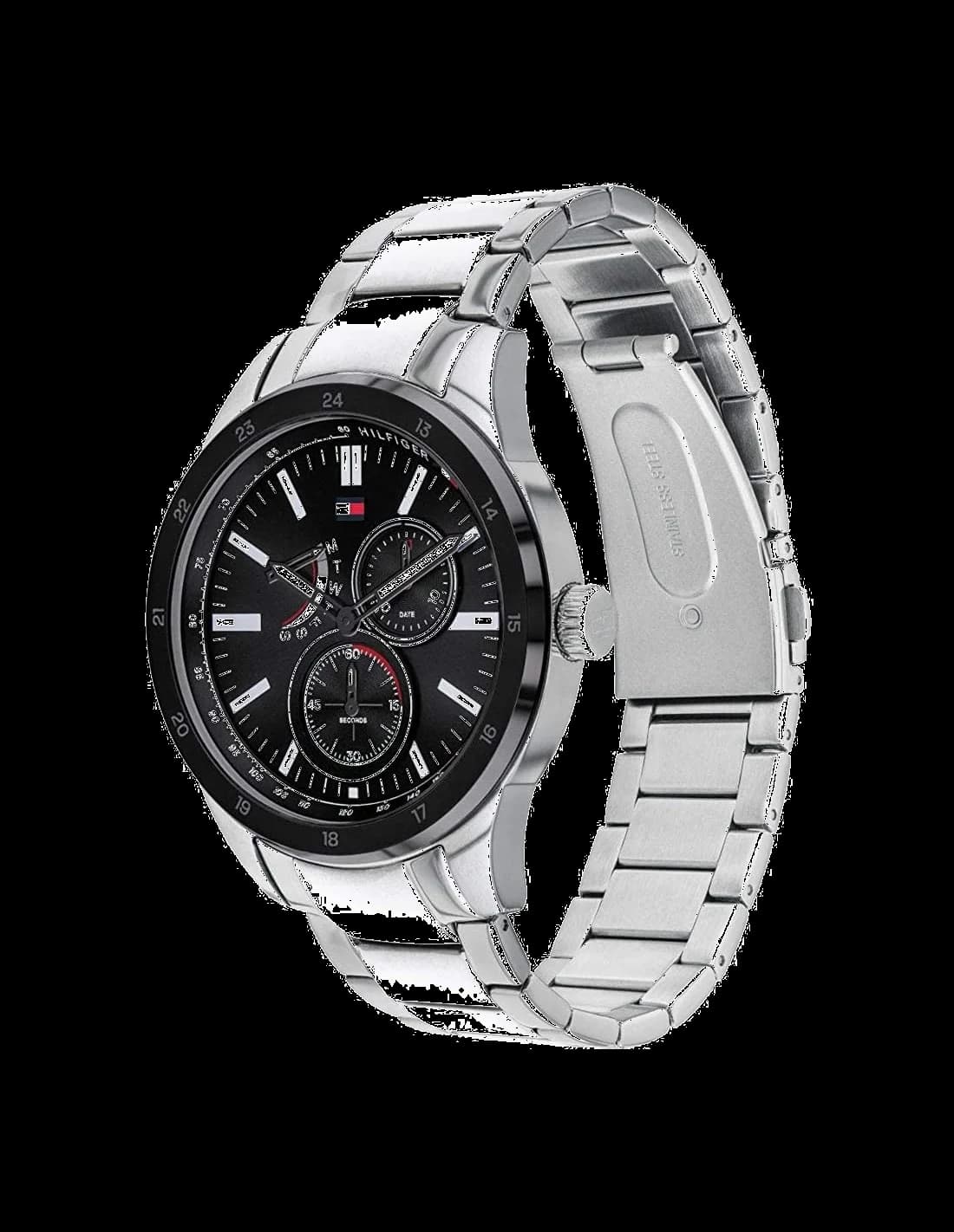 Gros plan sur le cadran noir de la Tommy Hilfiger 1791639