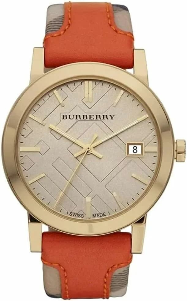 Burberry BU9016 montre homme, cadran beige, bracelet cuir orange, motif check