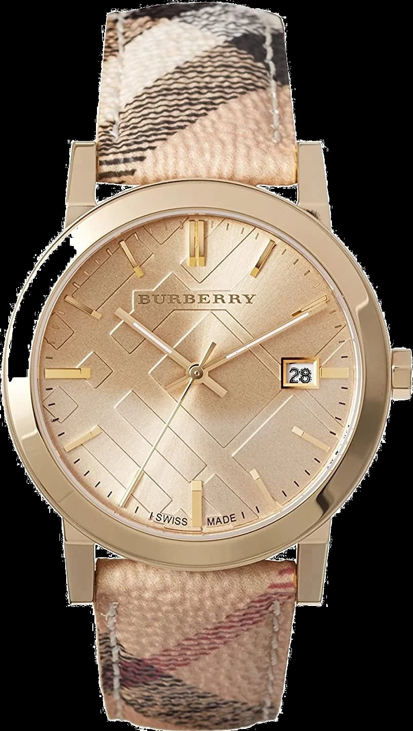 Burberry BU9026 montre femme, cadran or, bracelet cuir noir