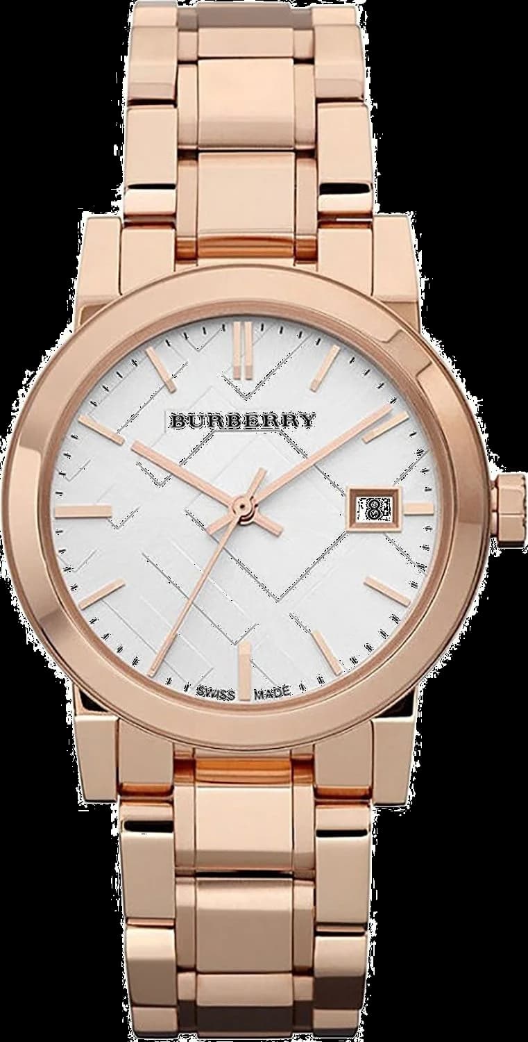 Burberry BU9104 montre femme, blanc avec boîtier or rose et bracelet acier