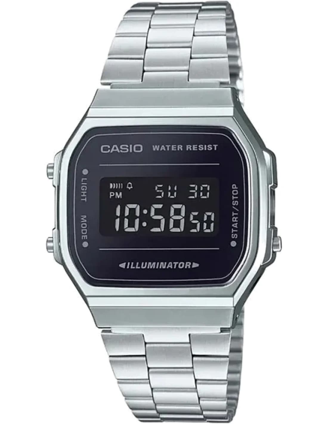 Casio A168WEM-1EF montre unisexe, boîtier noir et cadran miroir, bracelet acier gris