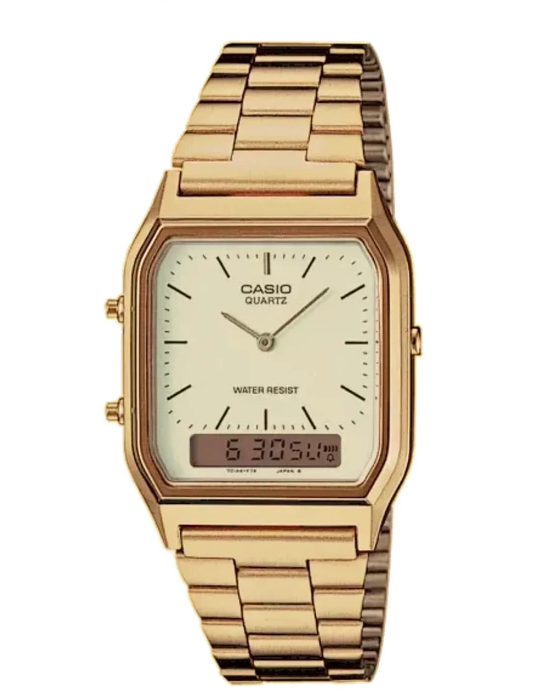 Casio AQ-230GA-9DMQYES montre unisexe, blanc double affichage, bracelet acier doré