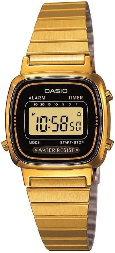 Casio LA670WEGA-1EF montre femme, noir, cadran carré, bracelet acier doré