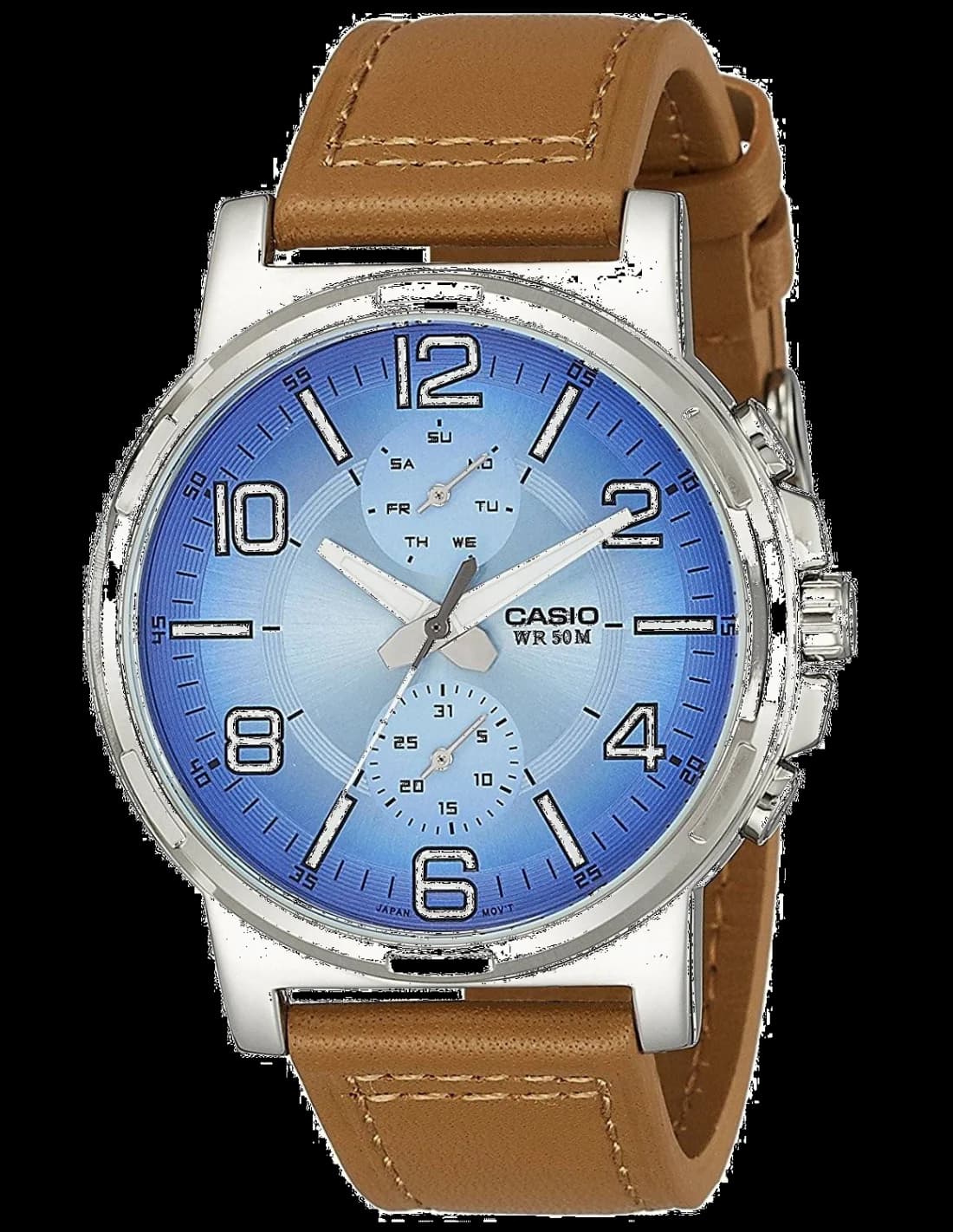 Casio MTP-E313L-2B2V montre homme, cadran bleu et bracelet cuir brun