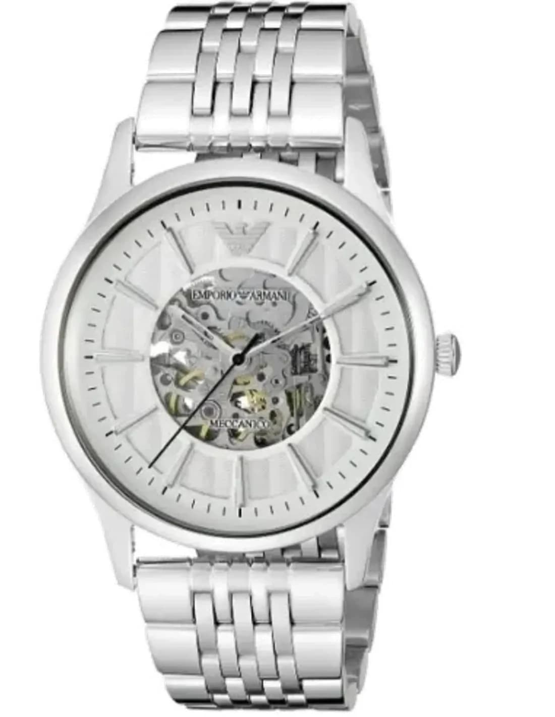 Emporio Armani AR1945 Meccanico Skeleton Dial Silver Watch