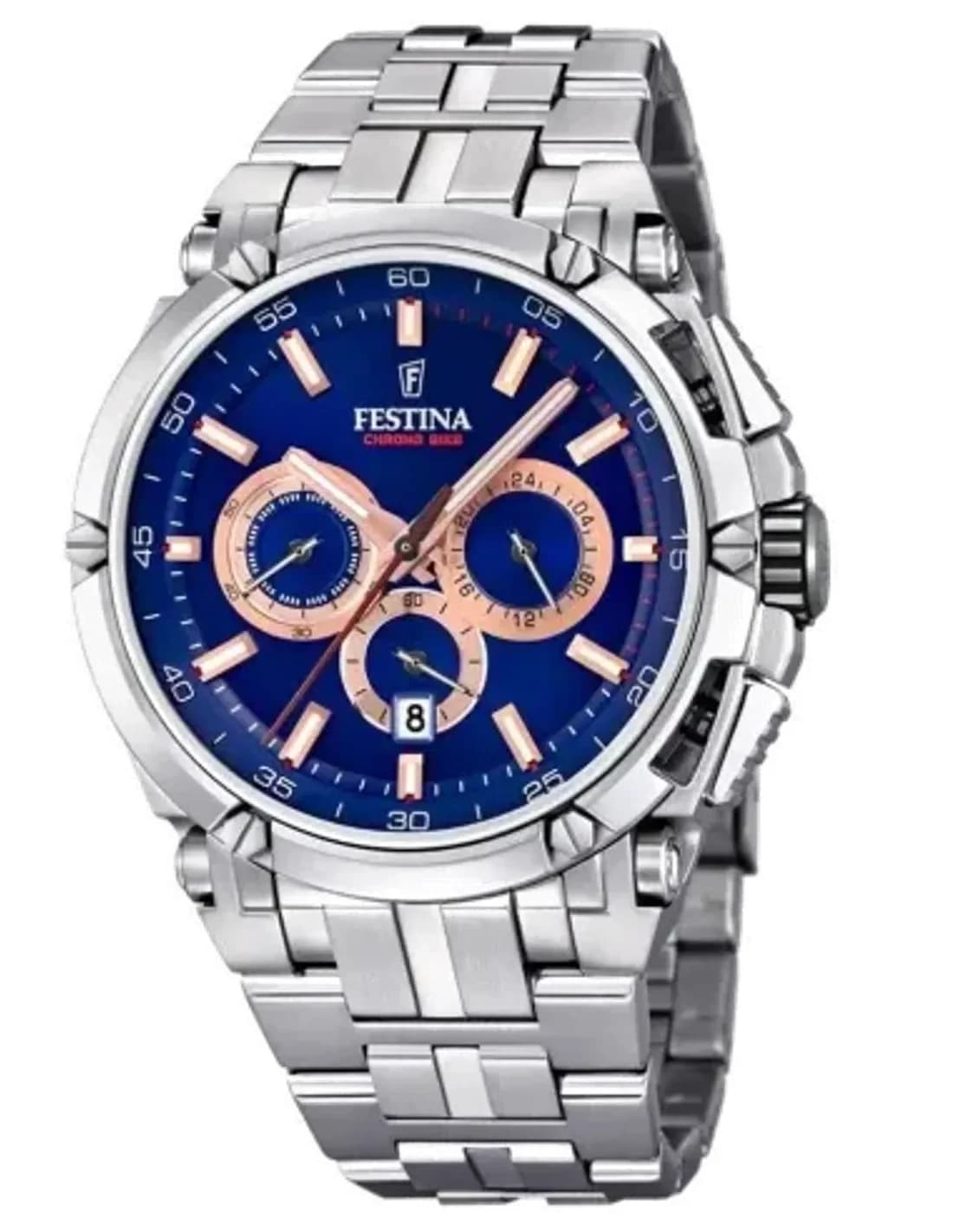 Festina Chrono Bike F20327/4 Men's Watch, silver-tone steel bracelet, blue multifunction dial