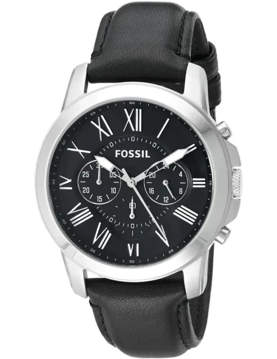 Fossil FS4812 Grant Watch with Black Leather Strap and Silver Dial
