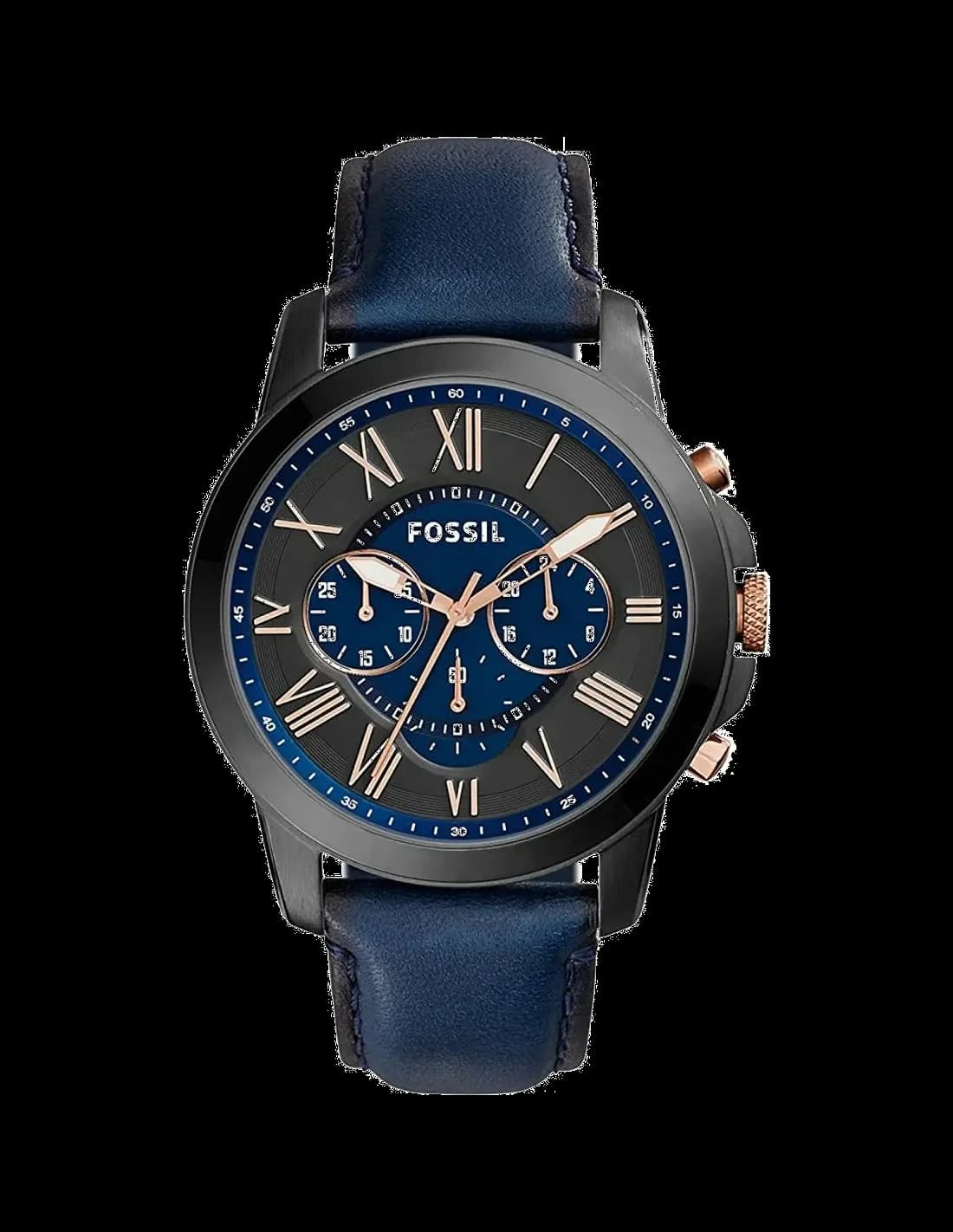 Fossil FS5061 montre homme, cadran bleu nuit, bracelet cuir marron
