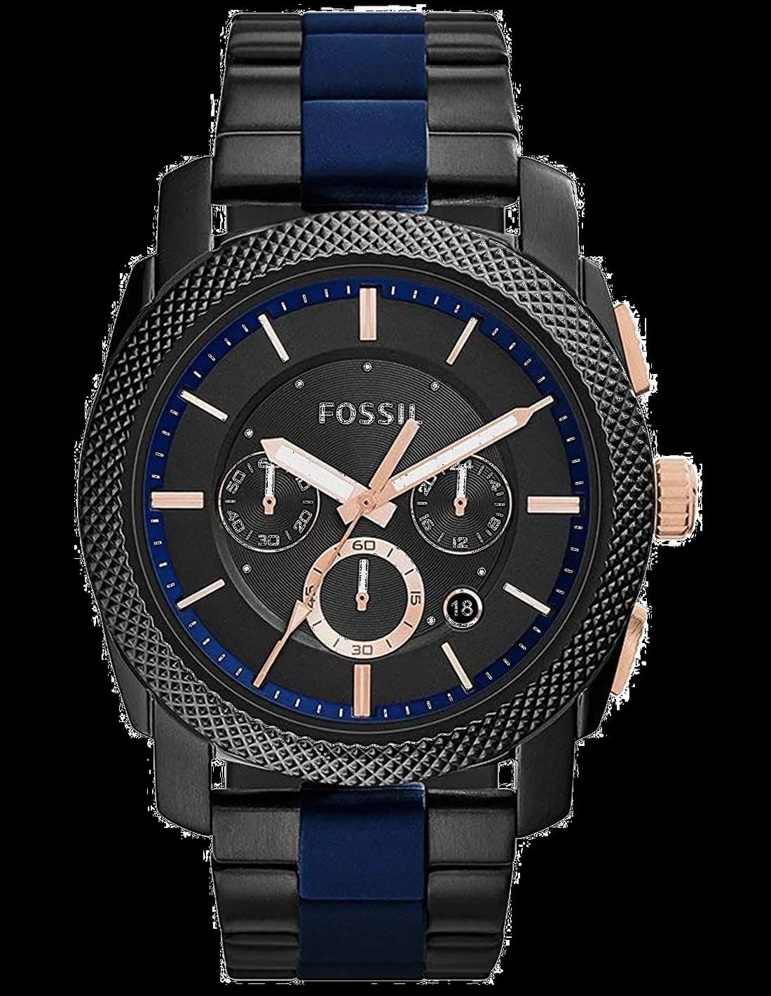 Fossil FS5164 montre homme, en acier bicolore avec cadran noir et bleu