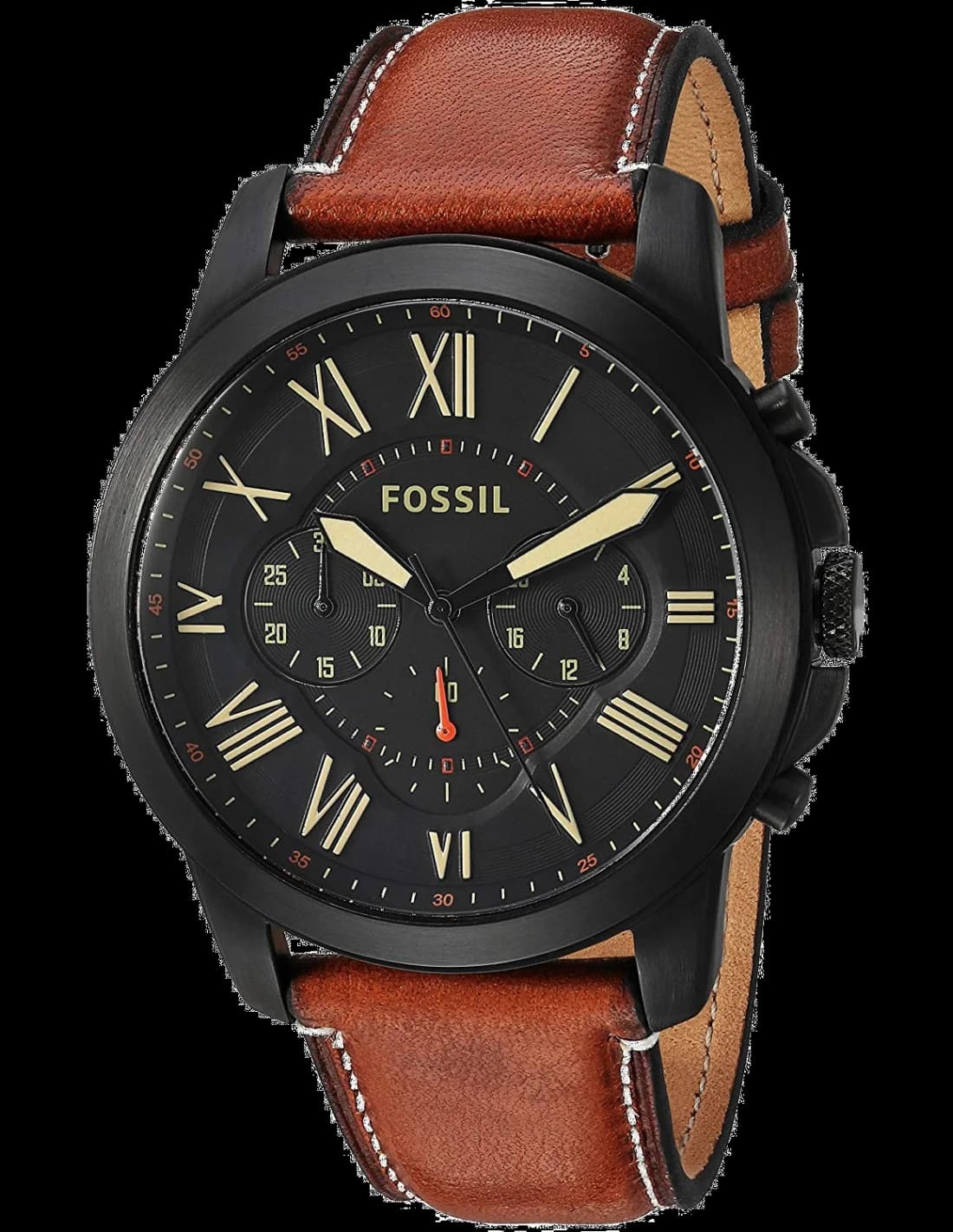 Fossil FS5241 montre homme, Fossil Grant, cadran noir, bracelet cuir marron
