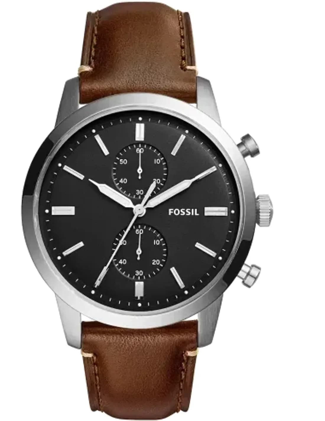 Fossil FS5280 Townsman, montre homme acier noir, bracelet cuir marron sport