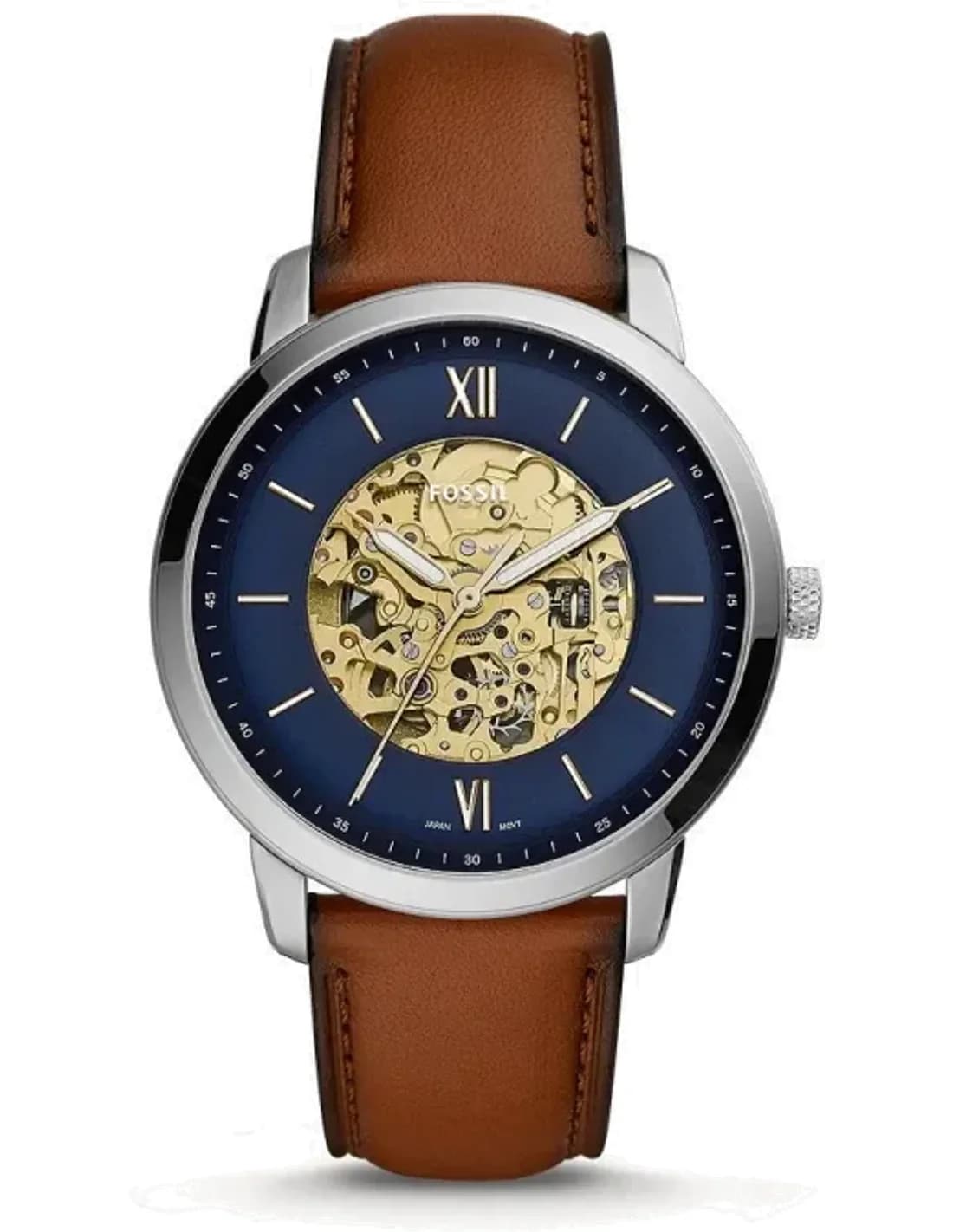 Fossil ME3160 montre homme, cadran bleu et bracelet cuir marron autom