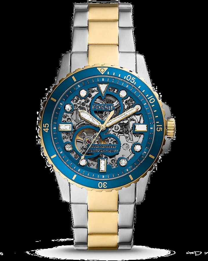 Fossil ME3191 montre homme, cadran bleu et bracelet bicolore acier