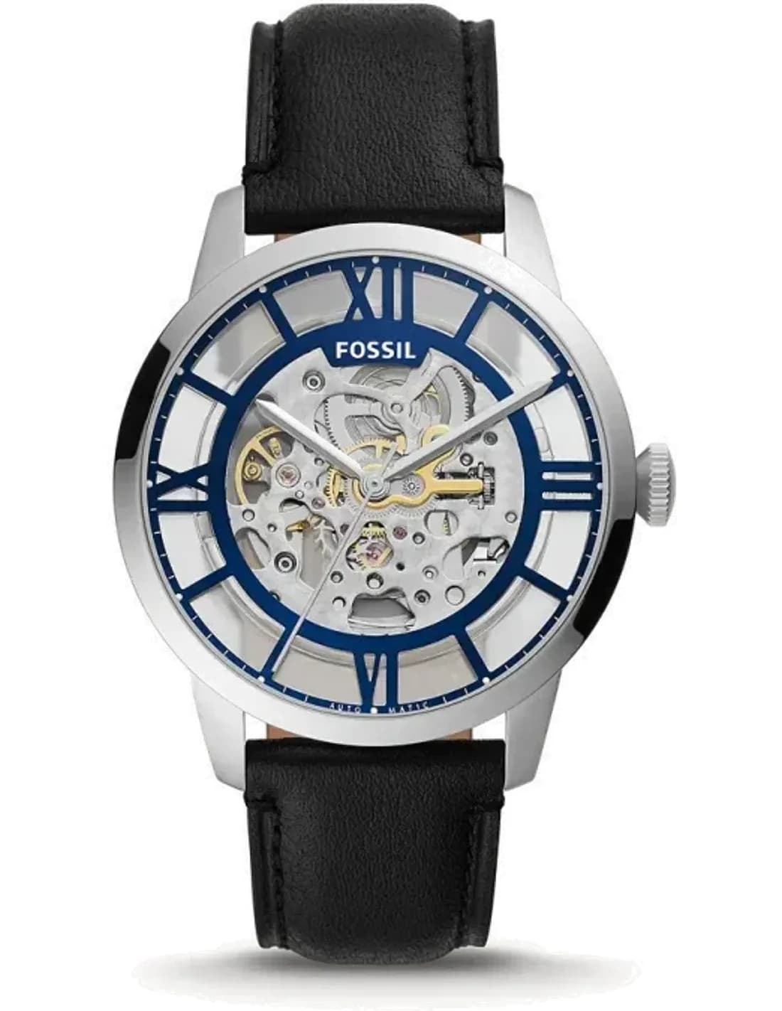 Fossil ME3200 montre homme, cadran squelette bleu bracelet cuir