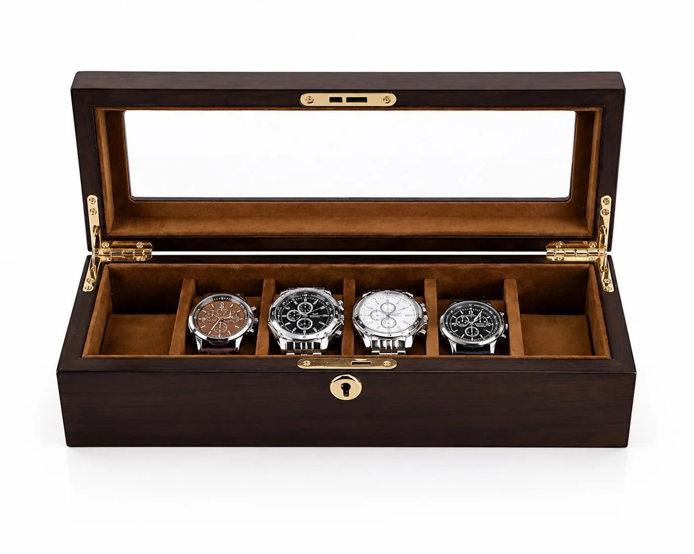 Boîte à montres Ravello 6 compartiments en noyer véritable avec couvercle vitré