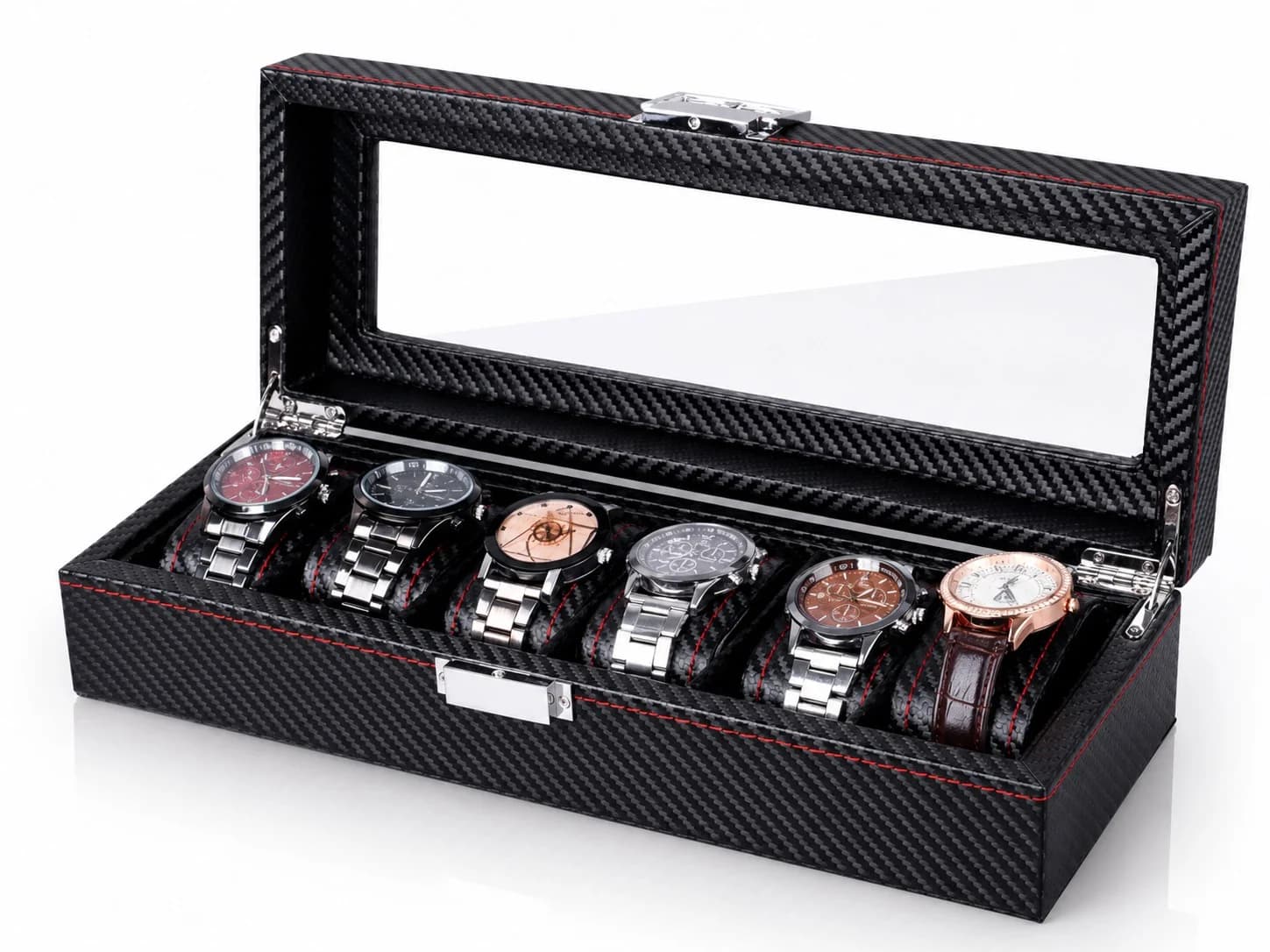Boîte à Montres Monza 6 Compartiments Effet Carbone Composite Noir