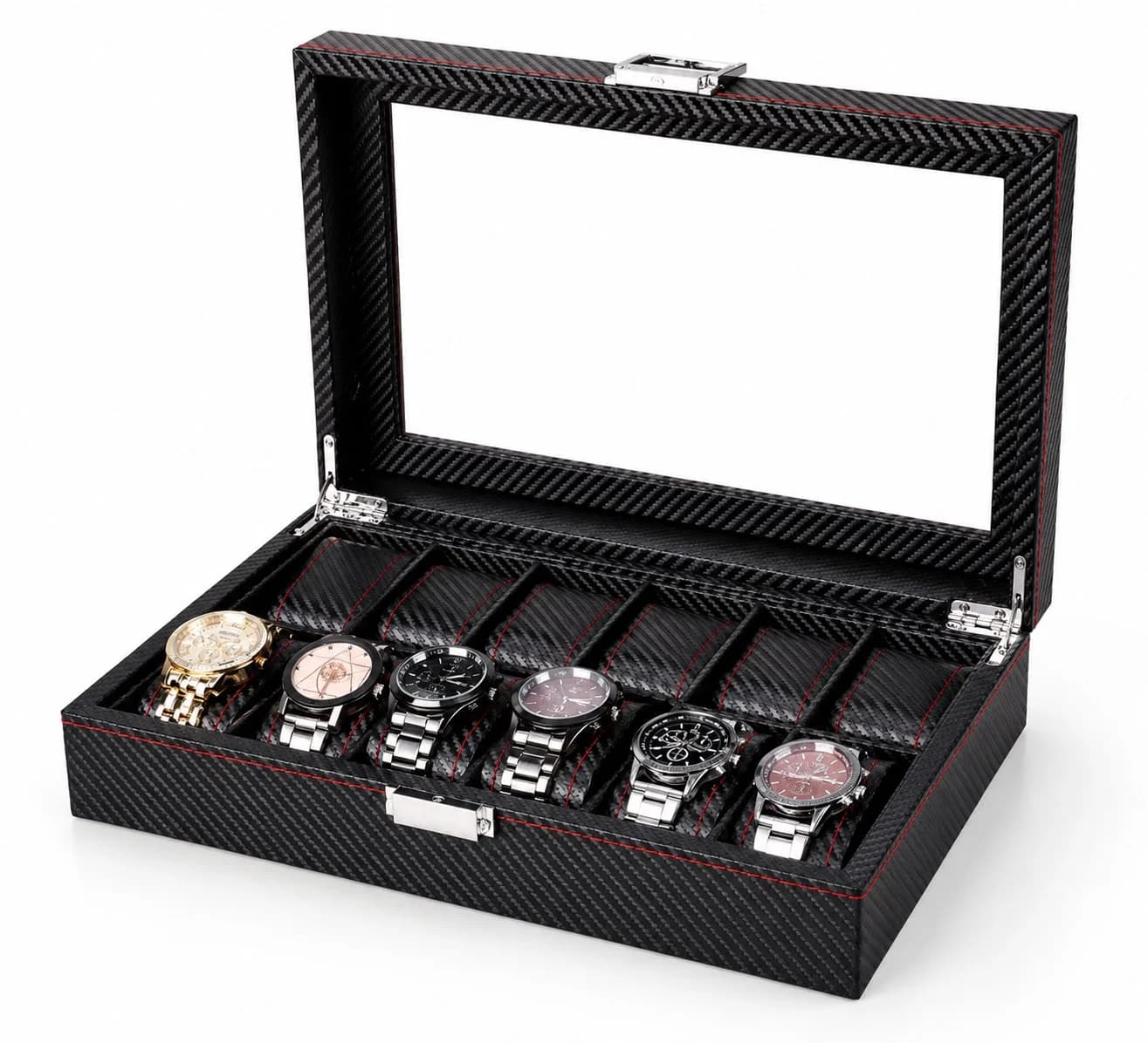 Boîte à montres Monza 12 compartiments : coffret effet carbone composite noir