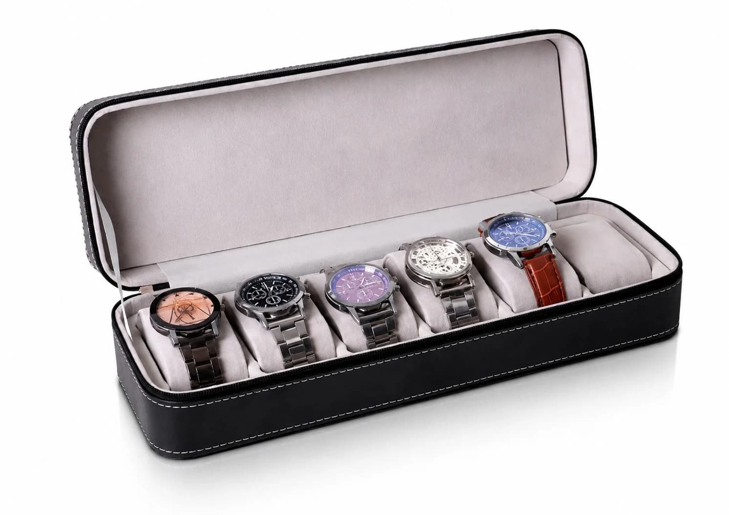 Housse Voyager 6 Compartiments pour Montres : Étui Souple Simili-Cuir Noir