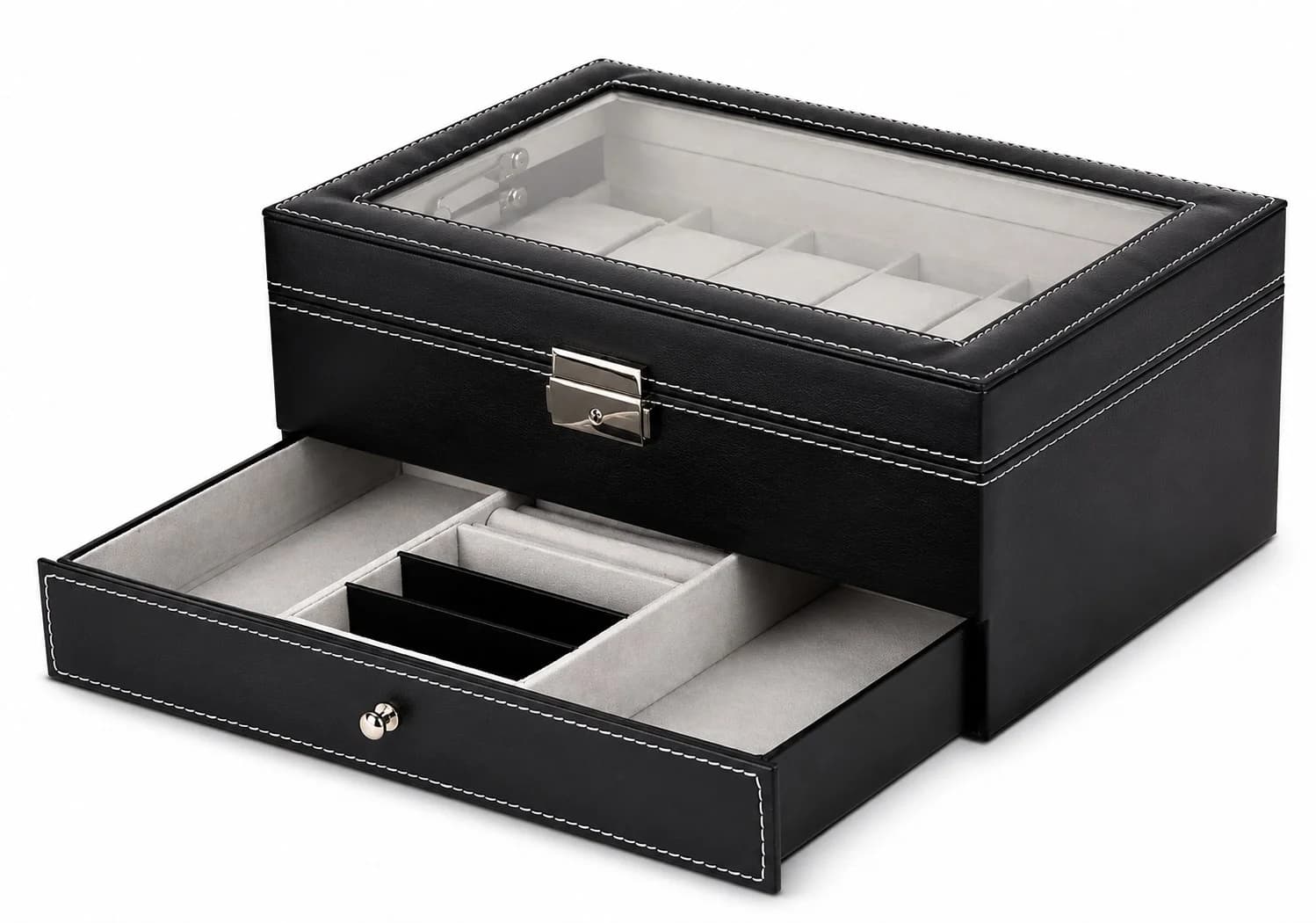 Coffret Bellagio Noir Mixte 12 Montres et Tiroir Bijoux Double Étage Simili-Cuir