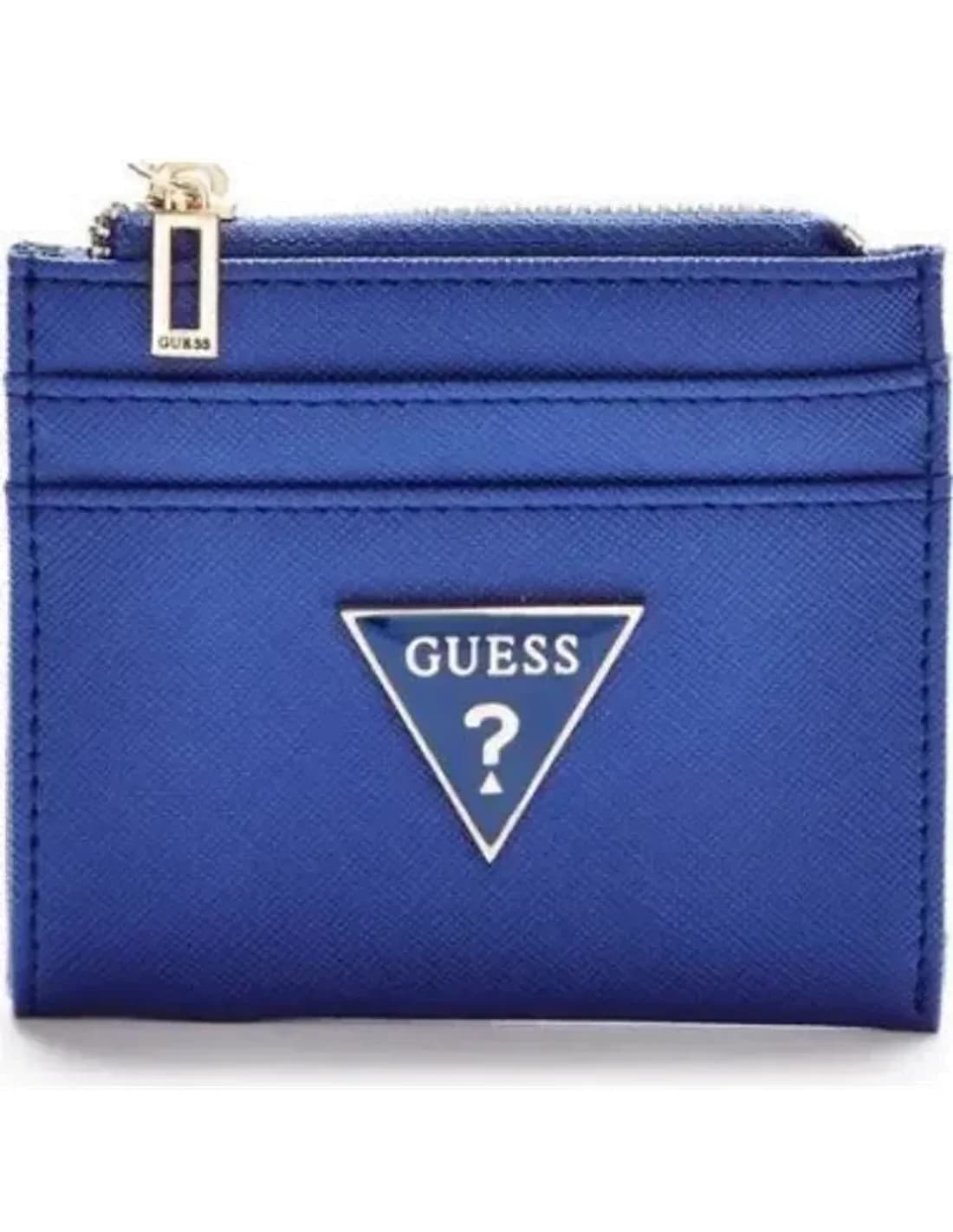 Portefeuille Guess zippé bleu logo plaque métal triangle 